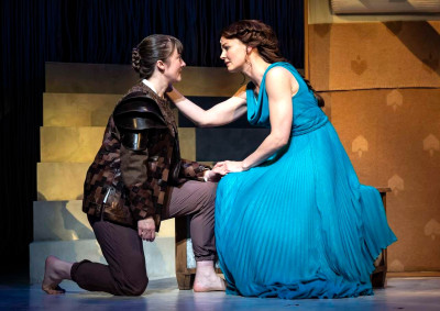 Jennifer Morrison, right, as Penelope with Tyler Meredith as Odysseus in “The Penelopiad,” at Goodman Theatre through March 31, 2024.