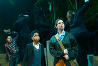 (from left) Glenn Obrero, Trent Davis and Jamie Cahill star as space age travelers in Lifeline Theatre's A Wrinkle in Time