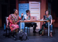 (left to right) Esteban Andres Cruz, Rashaad Hall and Maggie Scrantom in About Face Theatre's Midwest premiere of "Time is on Our Side".