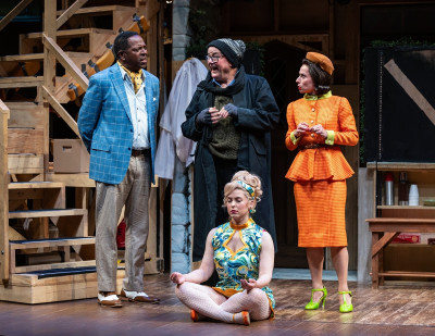 (front) Amanda Fink with (back, l to r) ensemble members James Vincent Meredith, Francis Guinan and Audrey Francis in Steppenwolf Theatre’s revival of Noises Off.