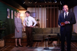 (L to R) Paige Klopfenstein, John Chambers and James Sparling in DIAL M FOR MURDER, now playing through November 1 at Oil Lamp Theater, 1723 Glenview Road.
