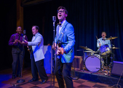 (from left) Chuckie Benson, Michael Mahler, Zachary Stevenson and Kieran McCabe in "Buddy: The Buddy Holly Story" at Stage 773 through May 26th