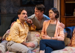 Johnny Galecki as Tennessee Williams (left), Jacob Moskovitz as Marlon Brando and Ellie Ricker as Jo in Lookingglass Theatre's Kowalski.