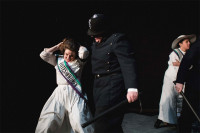 Hilda (C. Jaye Miller) is restrained by a Constable (Richard Traub) in Babes With Blades Theatre Company’s THE GOOD FIGHT