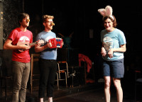 (left to right) Nick Hart, Rawson Vint and Laura McKenzie perform “Exit Bunny” in Barrel of Monkeys’ revue THAT’S WEIRD, GRANDMA: The Summer Strikes Back, directed by Joseph Schupbach.