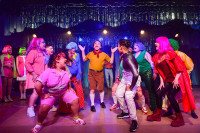 front center ) Frankie Leo Bennett with (left to right) Quinn Simmons , Kelcy Taylor , Jennifer Ledesma , Tommy Bullington , Isabel Cecilia García , Fia Hunter , Sydney Genco , Quinn Rigg , Sarah Patin , Maddison Denault , Connar Brown and David Lipschultz in Kokandy Productions’ The SpongeBob Musical . Photo by Evan Hanover.