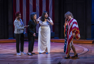 Pictured (left to right) Ensemble members Celeste M. Cooper, Sandra Marquez, Karen Rodriguez and Caroline Neff in Steppenwolf Theatre Company's Chicago premiere of POTUS: Or, Behind Every Great Dumbass Are Seven Women Trying to Keep Him Alive.
