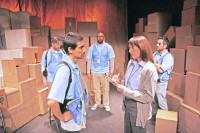 (left to right) Peter Leondedis (Wally), Jorge Aguilar (Carlos), Jelani Julyus (Larry), Katherine Schwartz (Donna), Juan Conde Belmares (Jose) in Stage Left Theatre's 'In the Back/On the Floor' at Chicago Dramatists