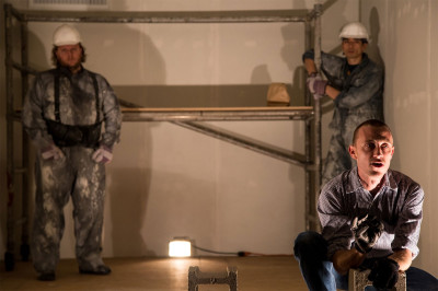 (front right) Kevin V. Smith with (back, l to r) Wain Parham and Huy Nguyen in TUTA Theatre Chicago’s U.S. premiere of RADIO CULTURE.